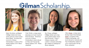 Gilman Scholarship recipients: Davidson, Welch, Wang and Doran