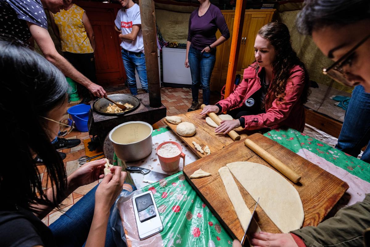 Fulbrighters making Boortsog, a traditional Mongolian pastry